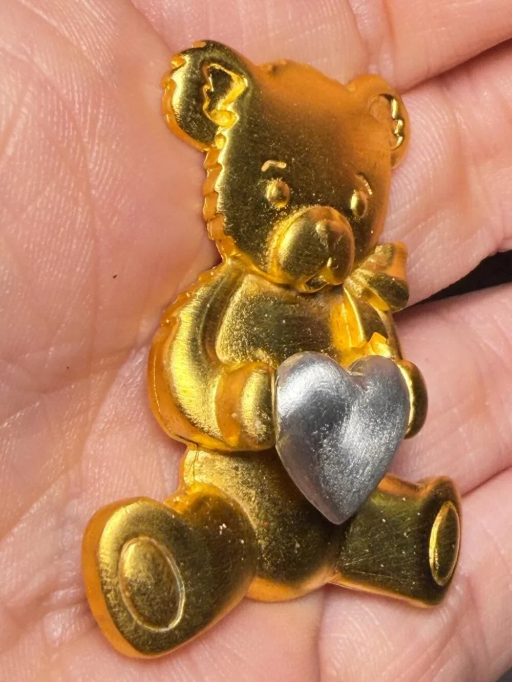 JJ Vintage Teddy Bear Heart Brooch Gold Silver Tone Baby Shower Gift Pin